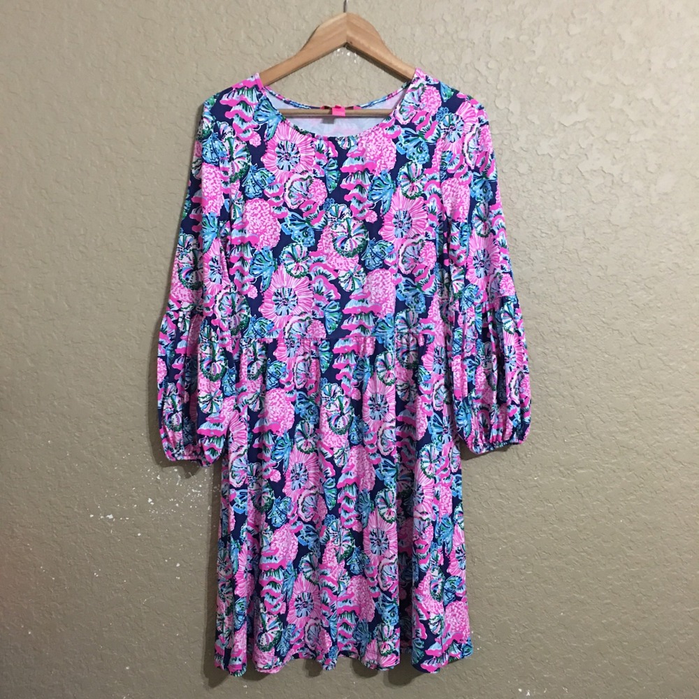 Lilly Pulitzer Dress Women Medium Pink Floral Long Balloon Sleeve